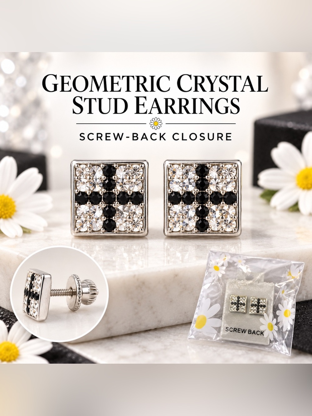 New Silver-Tone Crystal Square Stud Earrings With Black Cross Design